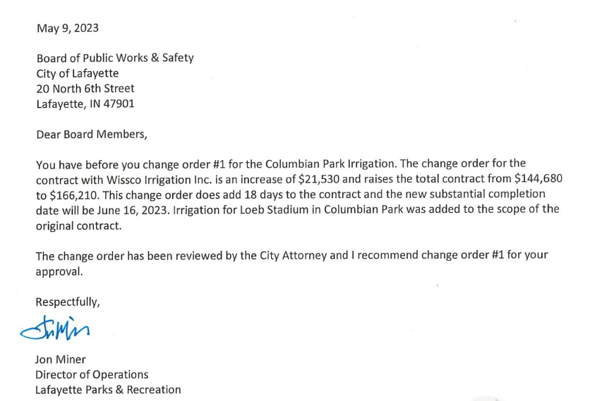 Lafayette, Indiana:  Change Order #1-Memorial Island Irrigation Project