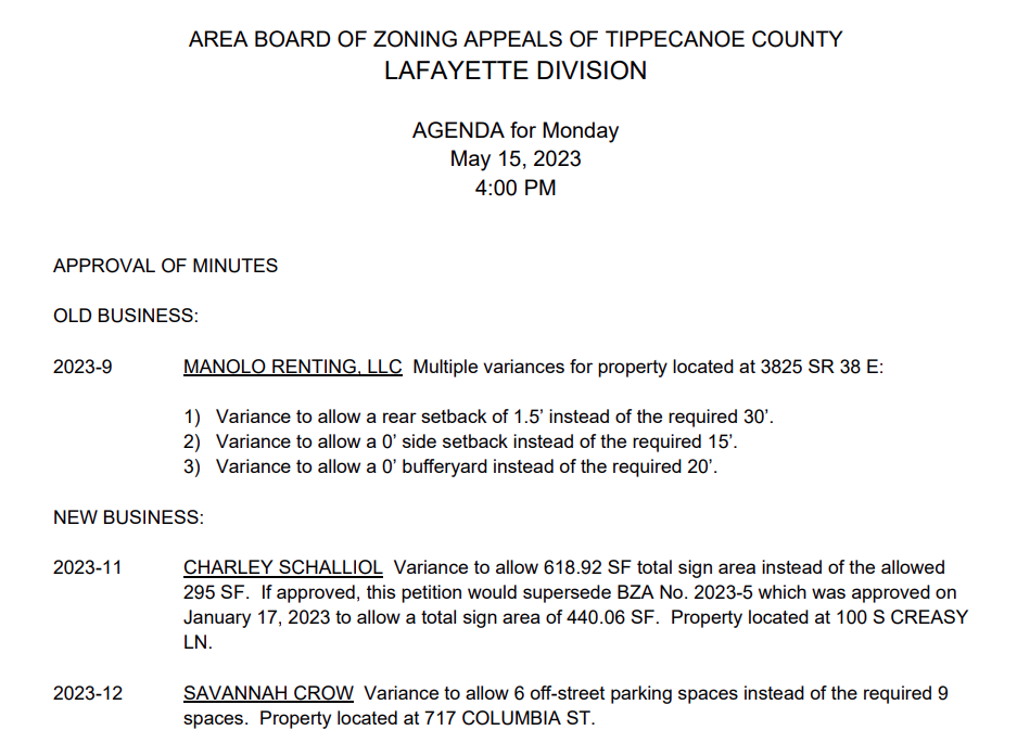 Tippecanoe, Indiana:  Board of Zoning Appeals Meeting Agenda, 2023-05-15