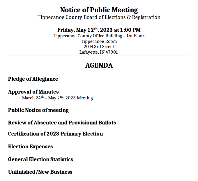 Tippecanoe, Indiana:  2023 Primary Election Certification, 2023-05-12