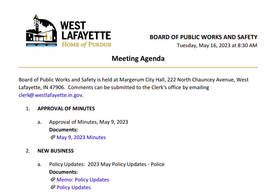 West Lafayette, Indiana:  Board of Public Works and Safety, 2023-05-16