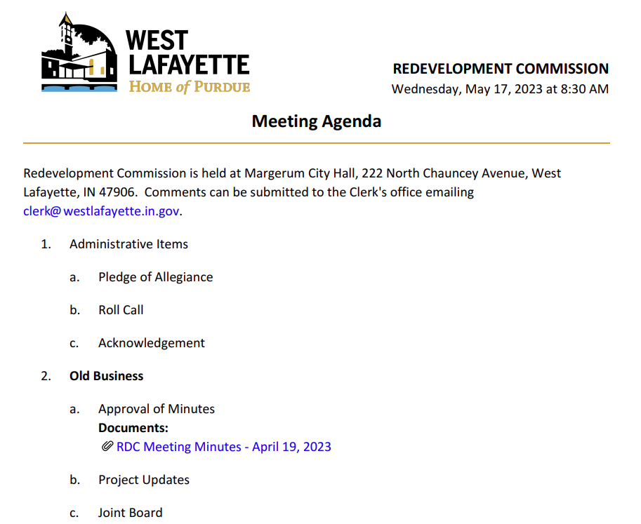 West Lafayette, Indiana: Redevelopment Commission, 2023-05-17