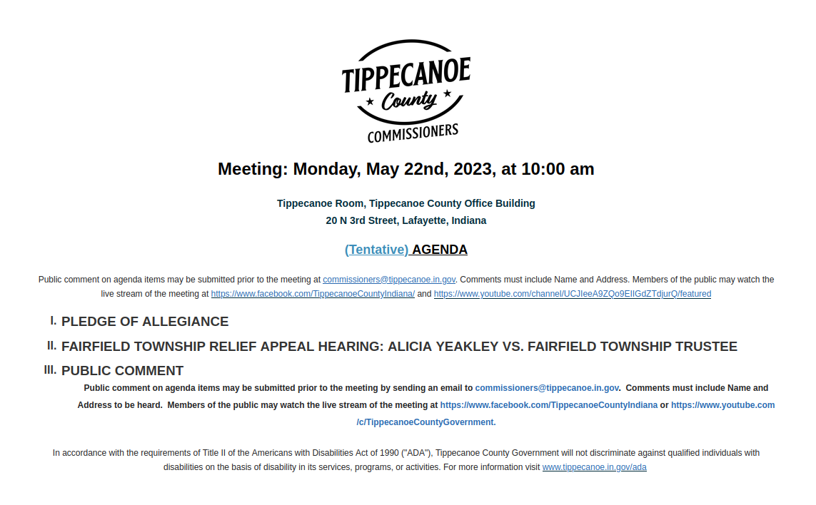 Tippecanoe, Indiana: County Commissioners Special Meeting, 2023-05-22