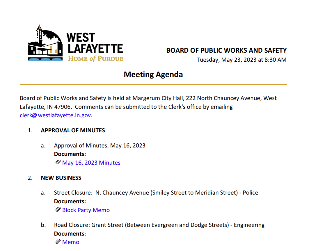 West Lafayette, Indiana: Board of Public Works and Safety, 2023-05-23