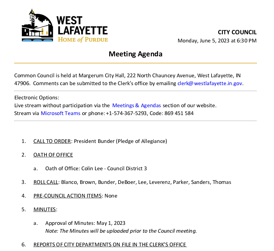 West Lafayette, Indiana:  City Council, 2023-06-05