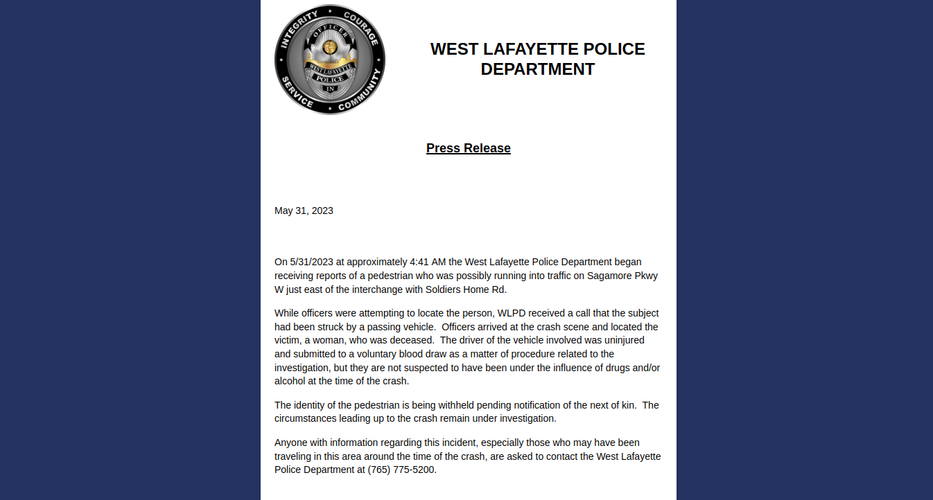 West Lafayette, Indiana: Police Department Investigates Fatal Car vs. Pedestrian Crash, 2023-05-31