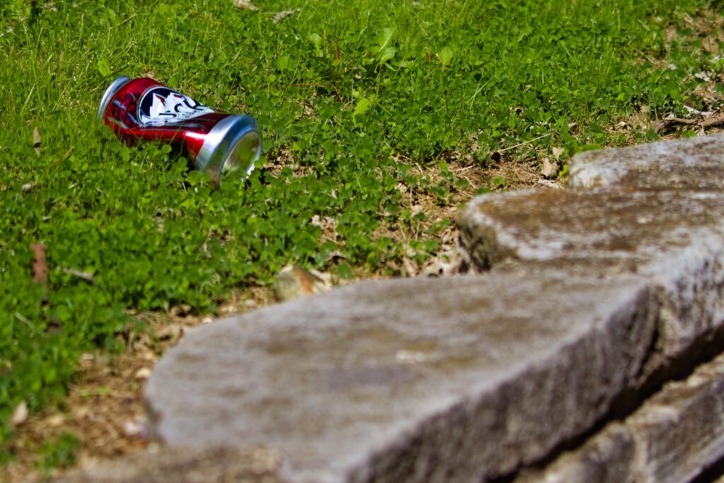 Busch Lite Apple sitting in a lawn near a landscaping wall during Purdue's Grand Prix weekend